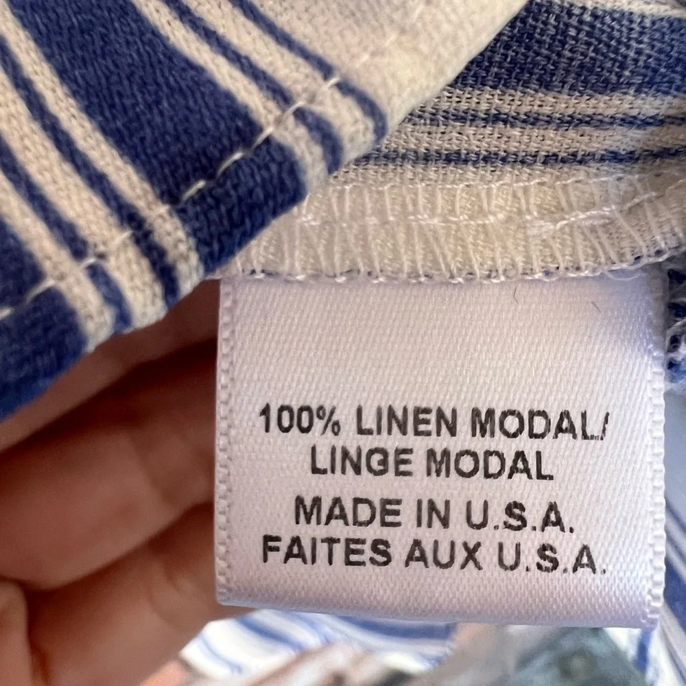 MISA Los Angeles linen off the shoulder Stripe Agot Top in Blue